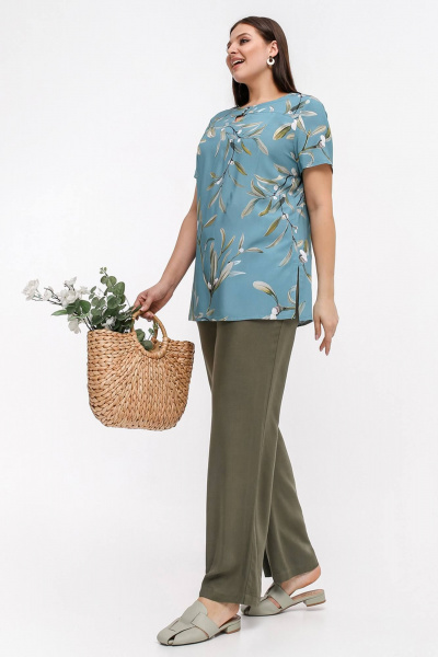 Летняя блуза из набивного штапеля с кокетками и коротким рукавом La rouge 6214 зеленый-(веточки) - фото 3