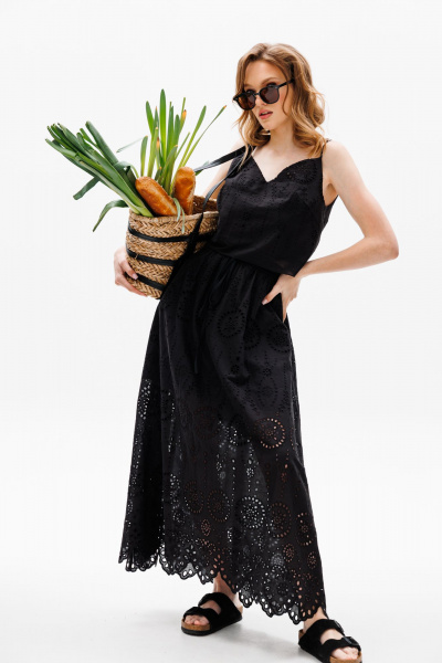 Черная юбка с вышивкой и фестонами, миди длины EOLA 2630 черный - фото 1