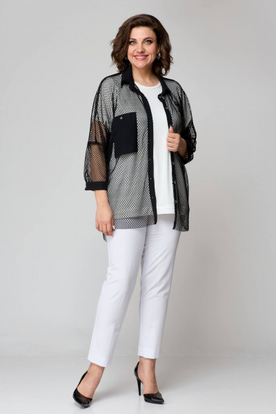 Комплект: брюки, рубашка и топ из текстиля для повседневности Solomeya Lux 854 черный+белый - фото 9