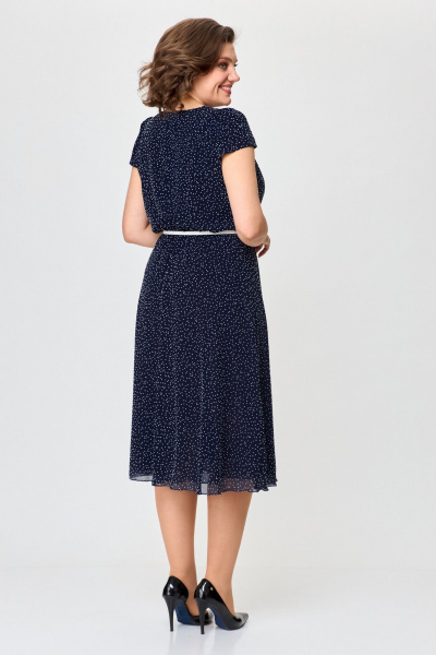 Летнее платье из шифона с круглым вырезом и резинкой по талии Slaviaelit 535 синий/белый_горошек - фото 8