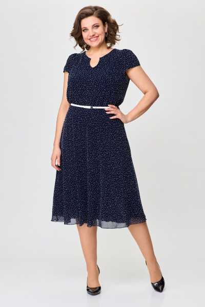 Летнее платье из шифона с круглым вырезом и резинкой по талии Slaviaelit 535 синий/белый_горошек - фото 3