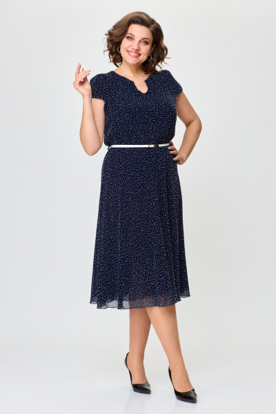 Летнее платье из шифона с круглым вырезом и резинкой по талии Slaviaelit 535 синий/белый_горошек - фото 2