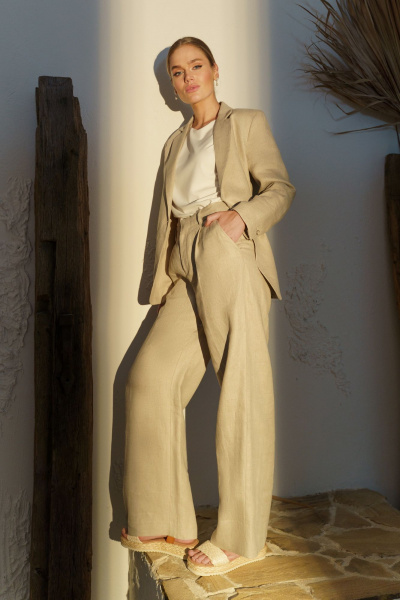 Летной льняной костюм бежевый жакет и прямые брюки Urs 24-338-1 - фото 6