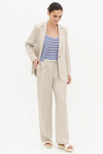 Летной льняной костюм бежевый жакет и прямые брюки Urs 24-338-1 - фото 1