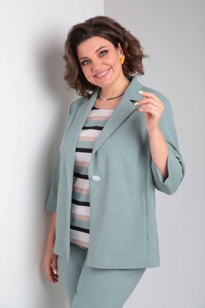 Летний трёхпредметный костюм бирюзовый жакет и брюки Vilena 958 полынь - фото 6