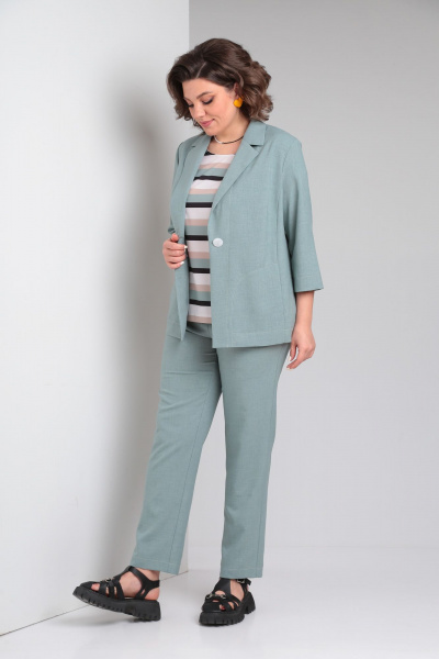 Летний трёхпредметный костюм бирюзовый жакет и брюки Vilena 958 полынь - фото 3