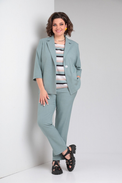 Летний трёхпредметный костюм бирюзовый жакет и брюки Vilena 958 полынь - фото 2