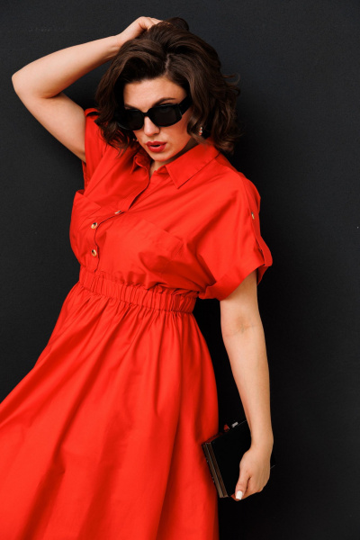 Платье с воротником-стойкой, накладными карманами и расклешенной юбкой AGATTI 5293-1 коралл - фото 6