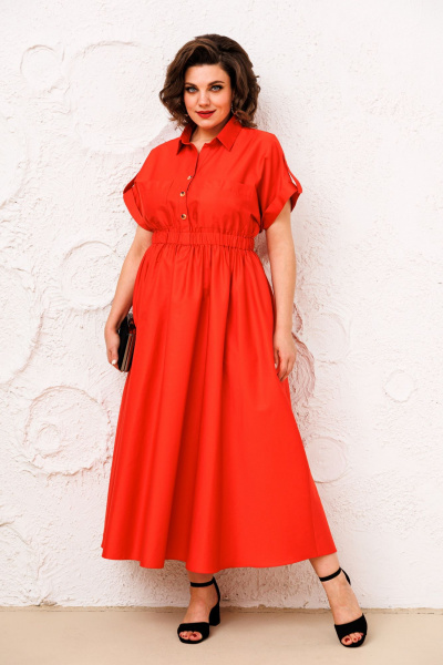 Платье с воротником-стойкой, накладными карманами и расклешенной юбкой AGATTI 5293-1 коралл - фото 1