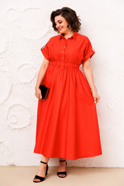 Платье с воротником-стойкой, накладными карманами и расклешенной юбкой AGATTI 5293-1 коралл - фото 3