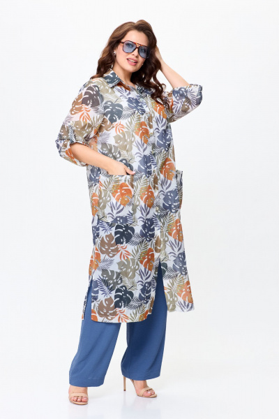 Летний комплект из текстильных брюк, топа и рубашки OVERYOU М144/1 джинс_мультиколор - фото 8