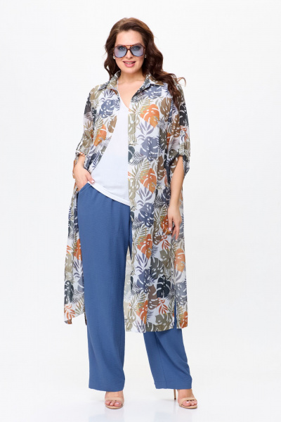 Летний комплект из текстильных брюк, топа и рубашки OVERYOU М144/1 джинс_мультиколор - фото 1