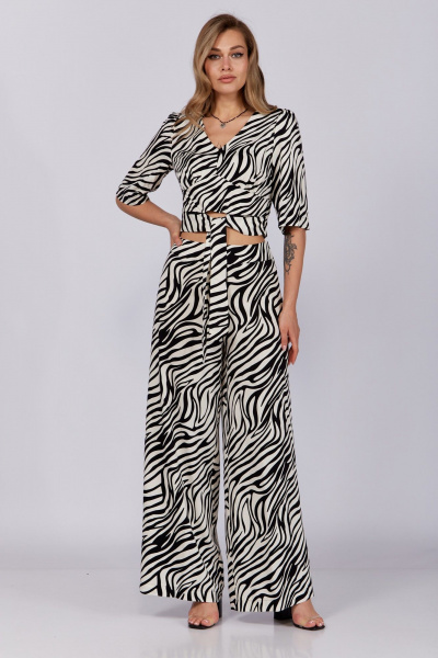 Летний бежевый комплект из блузы и брюк с заниженной талией Verita 2287 зебра - фото 1