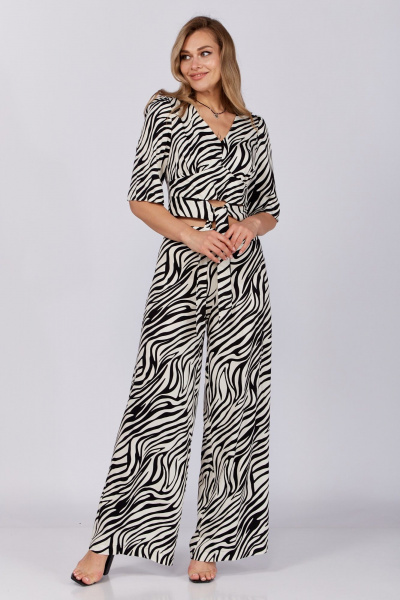 Летний бежевый комплект из блузы и брюк с заниженной талией Verita 2287 зебра - фото 3