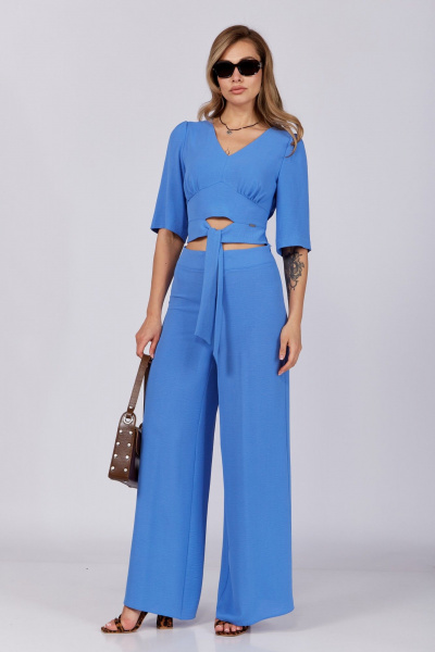Летний синий комплект из блузы и брюк с завязками Verita 2287 синий - фото 3