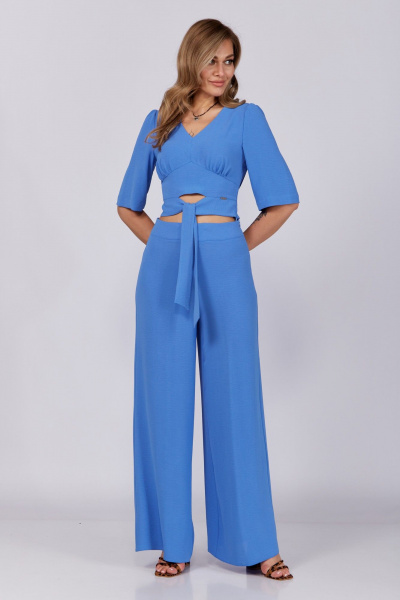 Летний синий комплект из блузы и брюк с завязками Verita 2287 синий - фото 2