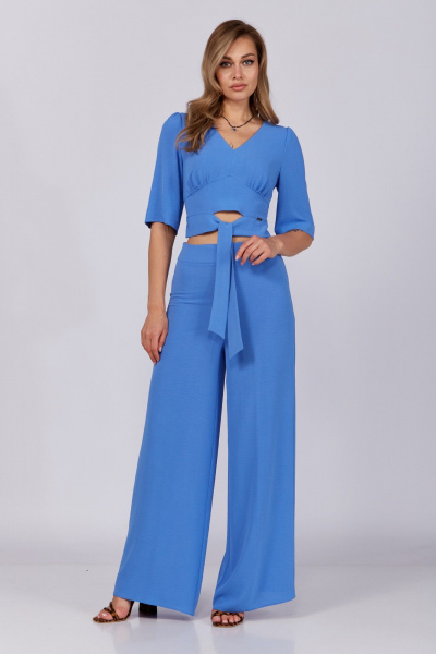 Летний синий комплект из блузы и брюк с завязками Verita 2287 синий - фото 1
