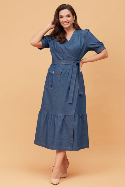 Синее платье с защипами и накладными карманами Andina city 8020 синий - фото 3