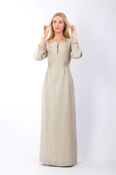 Серое платье из льна с защипами и карманами, макси длина Полинушка 305дл - фото 1