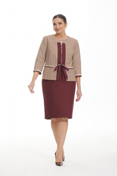 Деловой костюм-тройка из бежевой и красной ткани Elady 3351 бордо - фото 4