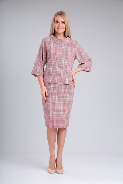 Деловой комплект блузы и юбки с воротником и карманами Gamma Gracia 720 розовый_клетка - фото 2