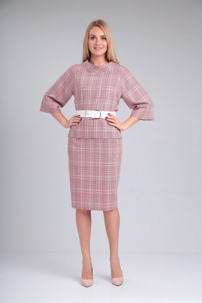 Деловой комплект блузы и юбки с воротником и карманами Gamma Gracia 720 розовый_клетка - фото 1