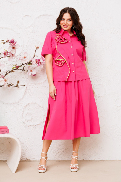 Летний розовый костюм из хлопка с блузкой и юбкой Danaida 2222 малиновый - фото 4