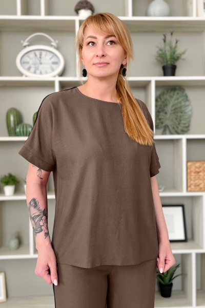 Блуза прямого силуэта из текстиля с кружевом Rumoda 2211 коричневый - фото 1
