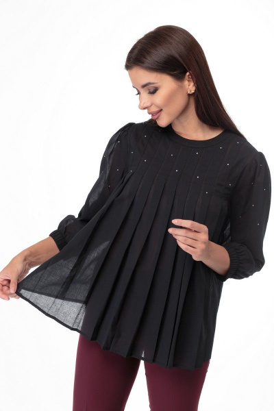 Черная блуза с складками и россыпью камней Anelli 848 черный - фото 6