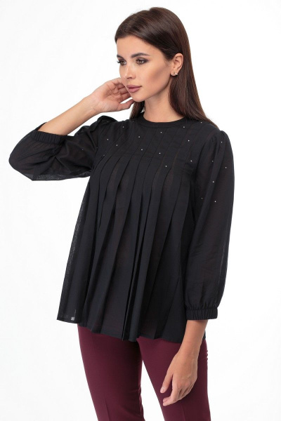 Черная блуза с складками и россыпью камней Anelli 848 черный - фото 2