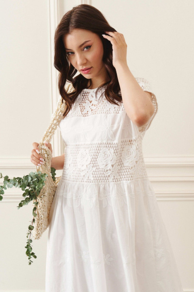 Белое свободное хлопковое платье с сборками и карманами Lokka 1392 - фото 5