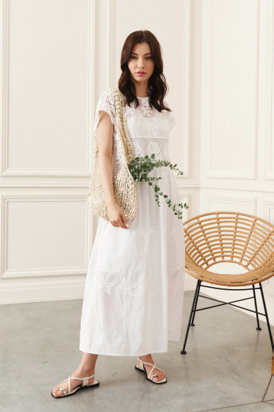 Белое свободное хлопковое платье с сборками и карманами Lokka 1392 - фото 3