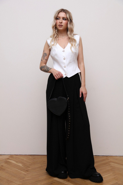 Леновый комплект жилета и брюк с складками и резинкой LM КБ5387 чёрно-белый - фото 1