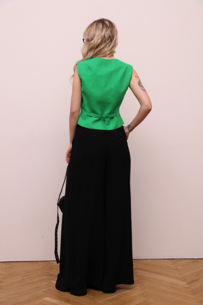 Леновые широкие брюки и прилегающий жилет из текстиля LM КБ5387 зелень - фото 4