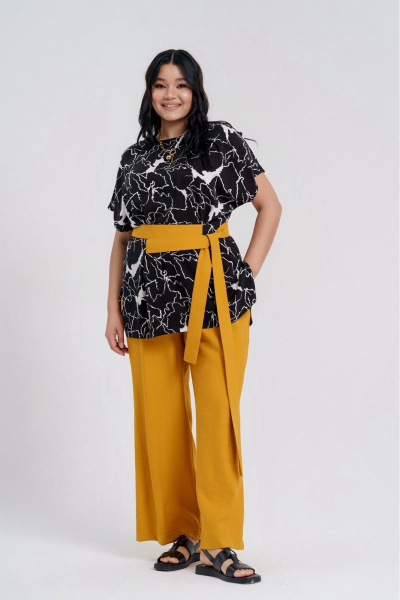 Желтый и черный комплект из блузы и брюк на каждый день Deesses 2295 - фото 4
