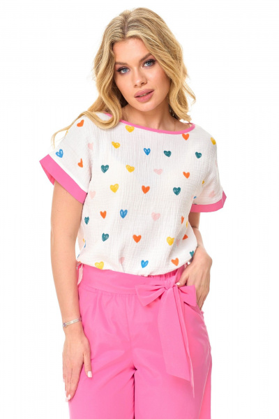 Романтичный брючный комплект из муслина с яркими вставками T&N 7517 розовый - фото 5