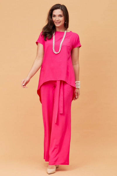 Летний розовый костюм из текстиля с блузкой и брюками Andina city 9017 фуксия - фото 6