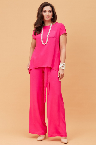 Летний розовый костюм из текстиля с блузкой и брюками Andina city 9017 фуксия - фото 1