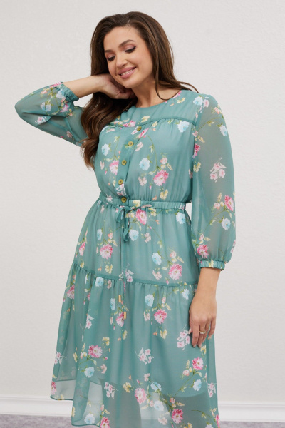 Платье из шифона с воланом и тонким поясом Mislana 616 изумрудный_фон - фото 6