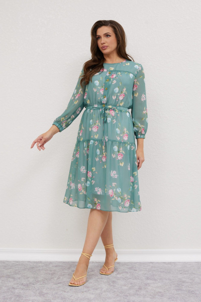 Платье из шифона с воланом и тонким поясом Mislana 616 изумрудный_фон - фото 3