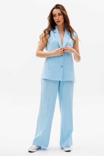 Голубой костюм из ткани с жилетом и свободными брюками NikVa 503-1 - фото 8