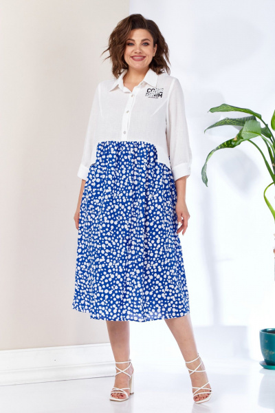 Платье на каждый день в белом и синем с подрезами Anastasia 1107 белый/васильковый - фото 1