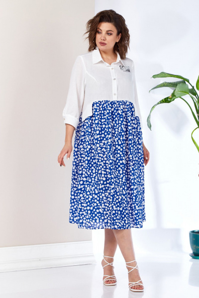 Платье на каждый день в белом и синем с подрезами Anastasia 1107 белый/васильковый - фото 3