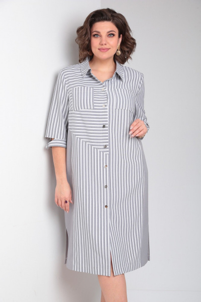 Платье-рубашка из полоски и однотона с асимметричным подрезом Tensi 368 серый+белый - фото 5