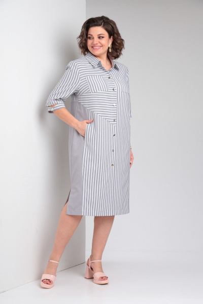 Платье-рубашка из полоски и однотона с асимметричным подрезом Tensi 368 серый+белый - фото 2