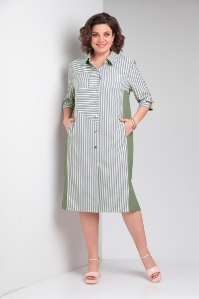 Платье-рубашка прямого силуэта с карманами и полосками Tensi 368 зелёный+белый - фото 1