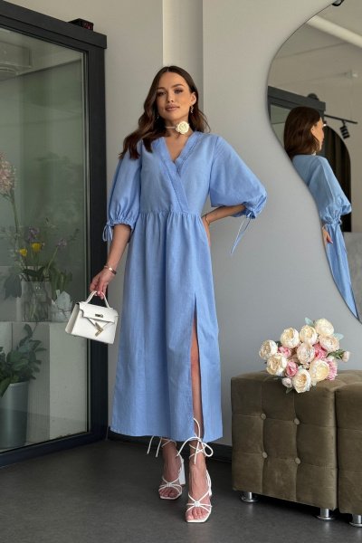 Голубое летнее платье трапеция из льна с разрезом Dilana VIP 2028 голубой - фото 11