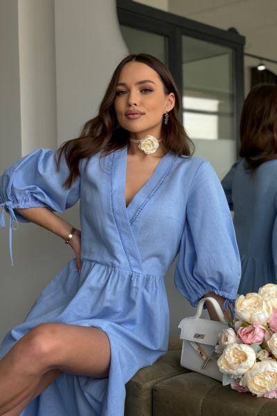 Голубое летнее платье трапеция из льна с разрезом Dilana VIP 2028 голубой - фото 5