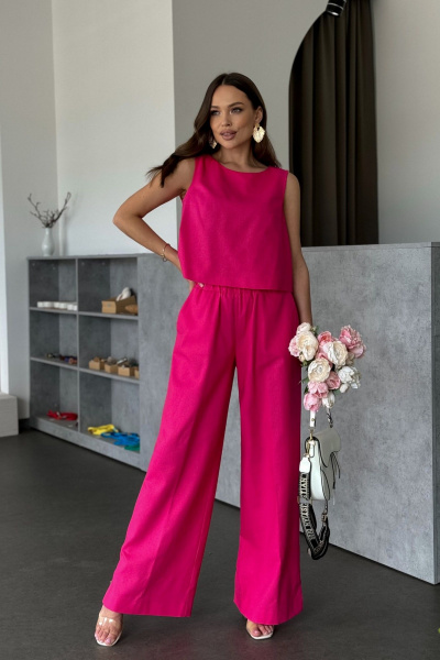 Розовый костюм из льна: блуза укороченная и брюки широкие Dilana VIP 2052 малина - фото 9