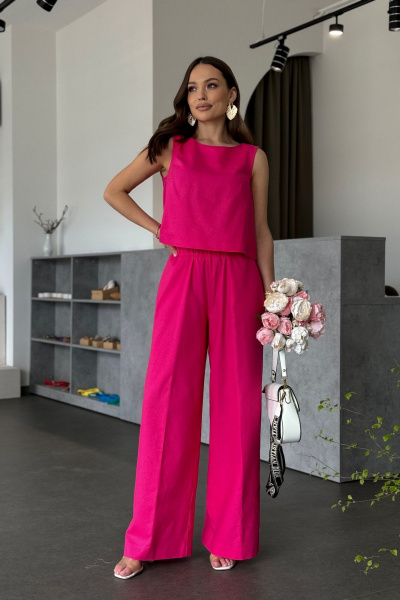 Розовый костюм из льна: блуза укороченная и брюки широкие Dilana VIP 2052 малина - фото 2